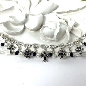 Maltese Cross Charm Bracelet - Pearls & Jet Black Beads Silver Tone Chain